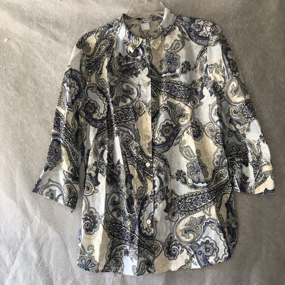 Chico's Women 2/US 12 Button Up Linen Shirt blue Paisley 3/4 Sleeve No Iron Top - Picture 1 of 3